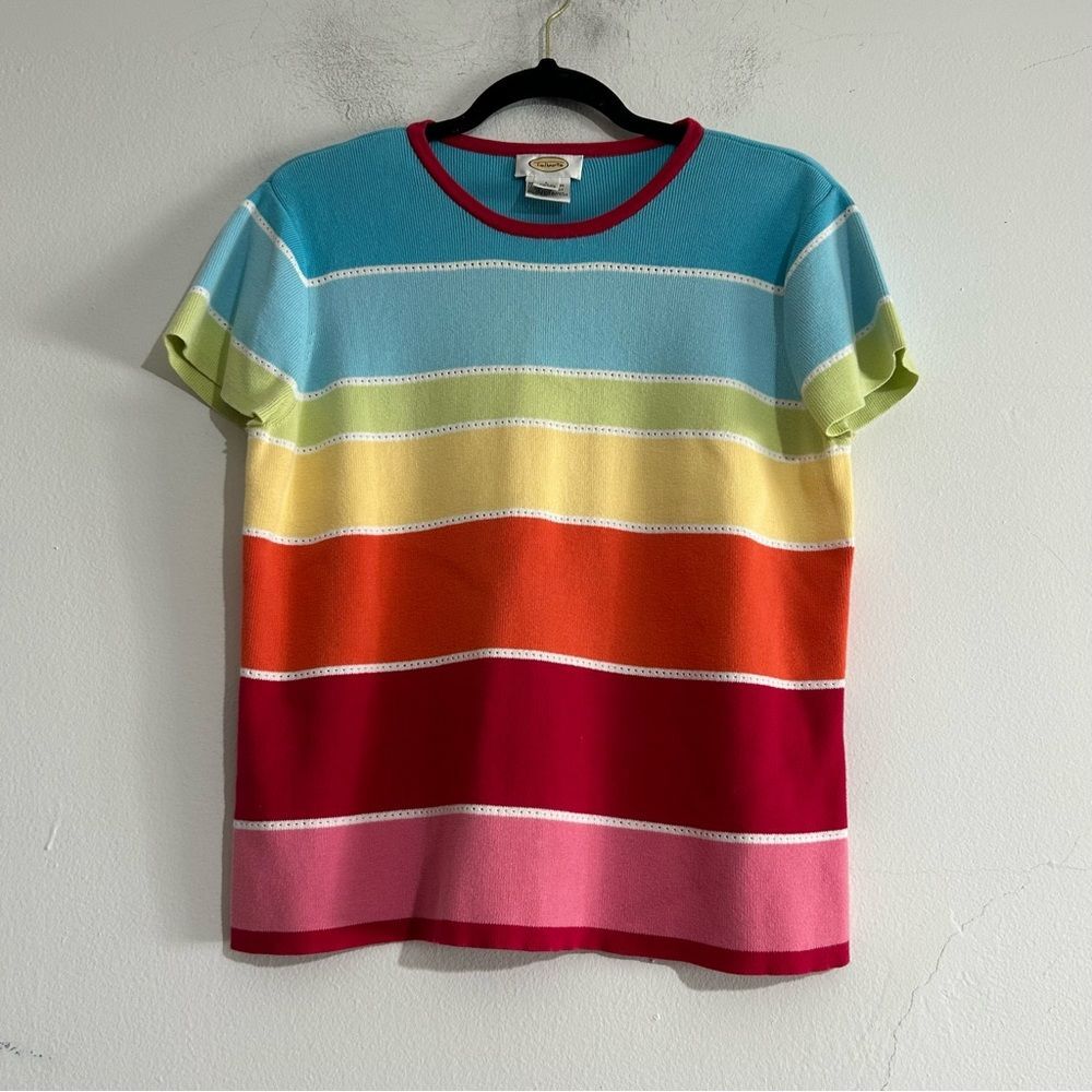 Vintage Talbots Rainbow Striped Cotton Short Sleeve Sweater Teacher Art Pop